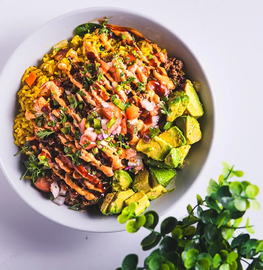 NRG Taco Bowl with avocado, rice and black beans
